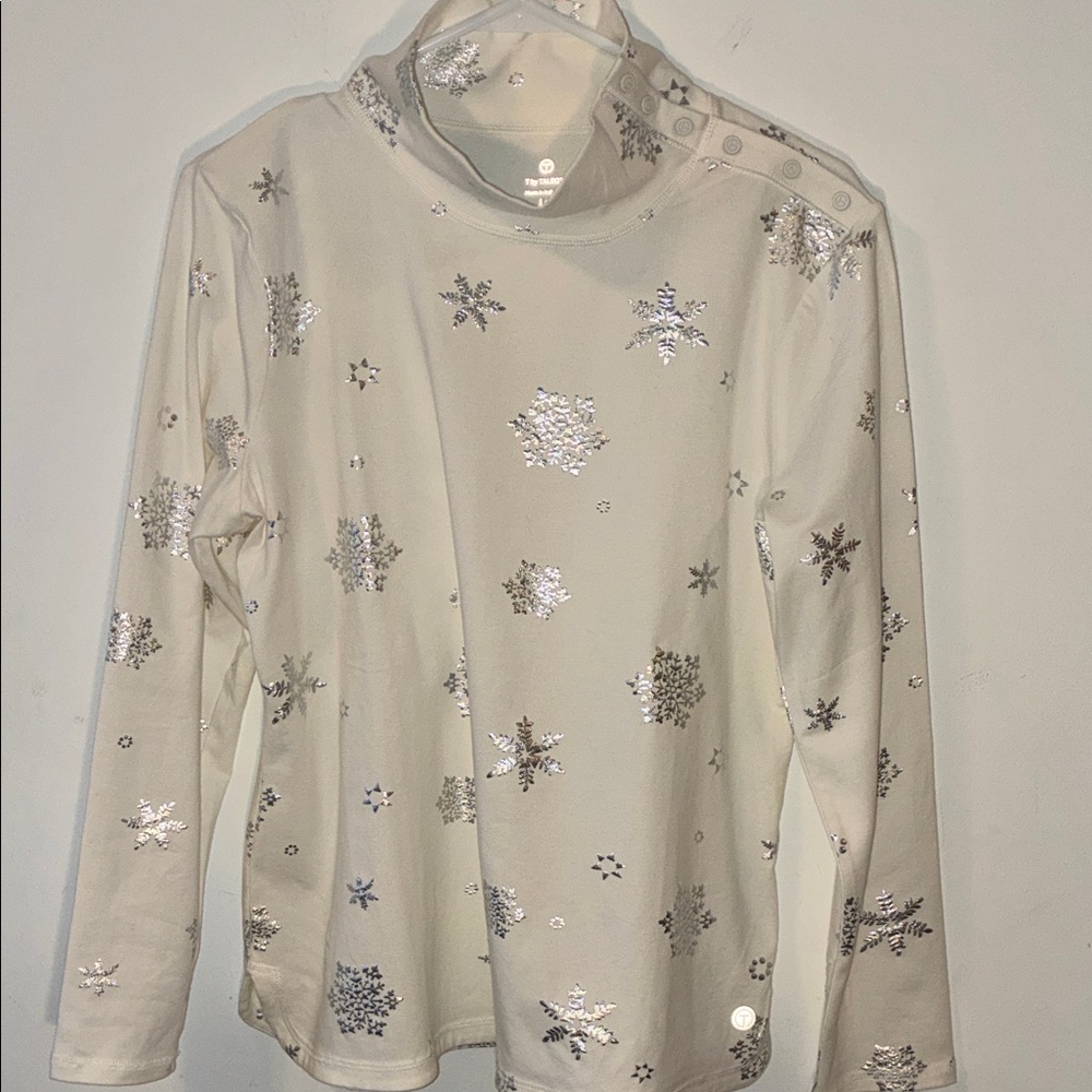Talbots Cream Top with Silver Snowflake Accents